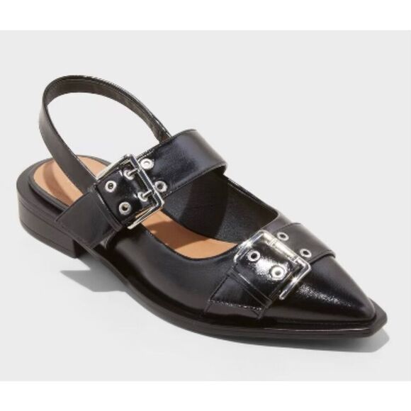 wild fable Shoes - Wild Fable Peyton double buckle black point toe sling back flats size 6